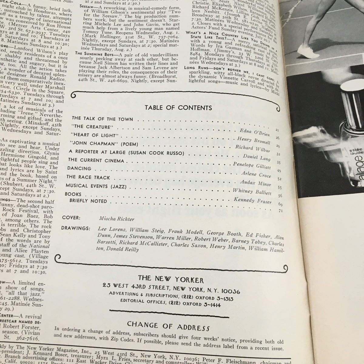 Table of contents from The New Yorker magazine July 30 1973, featuring the cover by Mischa Richter, showcasing articles and illustrations, including content about cultural insights from the 1970s.