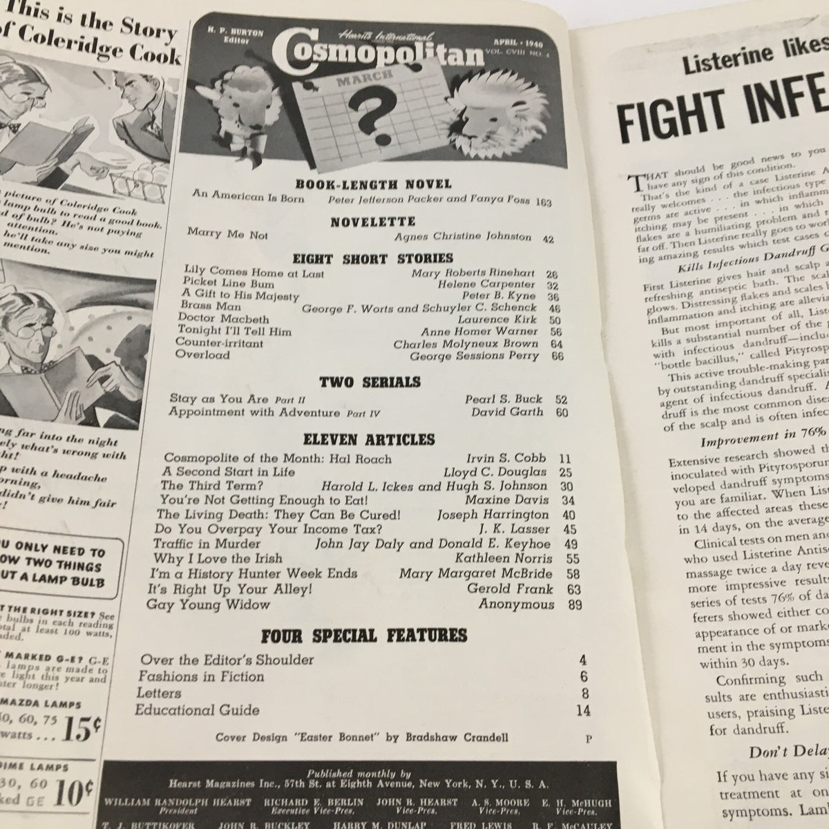 Interior pages of VTG Cosmopolitan Magazine April 1940 showcasing the contents including the novelette 'Lily Comes Home At Last' by Mary Rinehart and various articles.