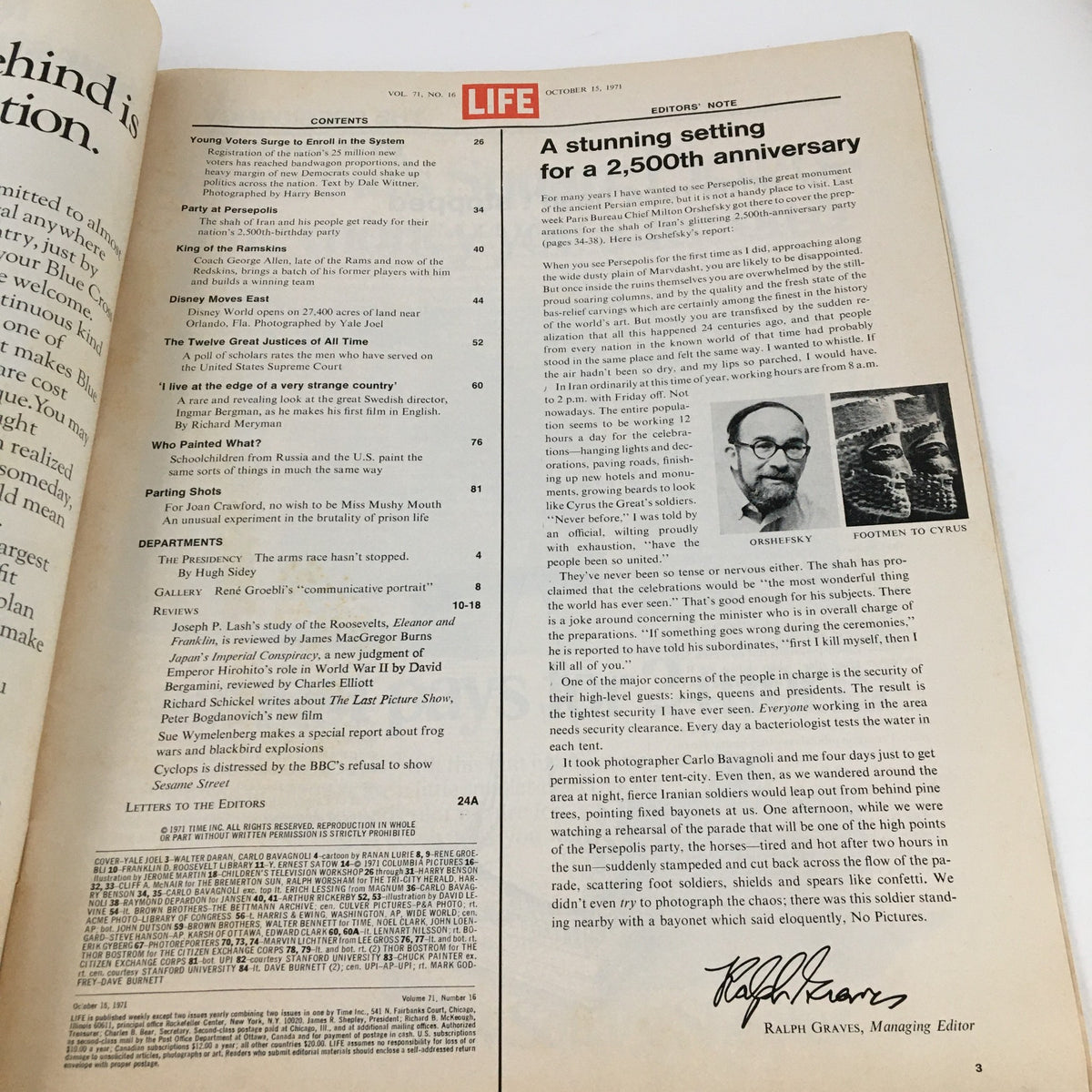 Contents page of the Life Magazine October 15, 1971, showcasing articles including Disney World and other features, emphasizing its historical significance.