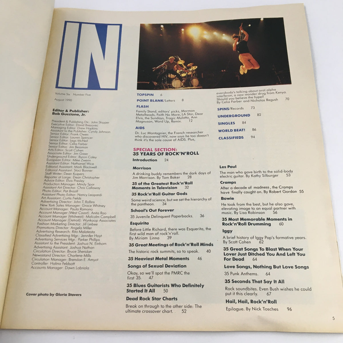 Interior page of Spin Magazine Vol 6 #5 August 1990, showcasing the table of contents and highlights of featured articles on rock 'n' roll history.