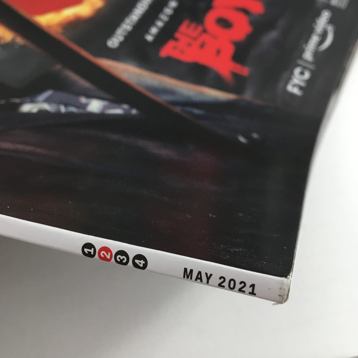 Close-up of the spine of Variety Magazine May 2021, showcasing the issue number and publication date, emphasizing its collectible nature related to The Boys.