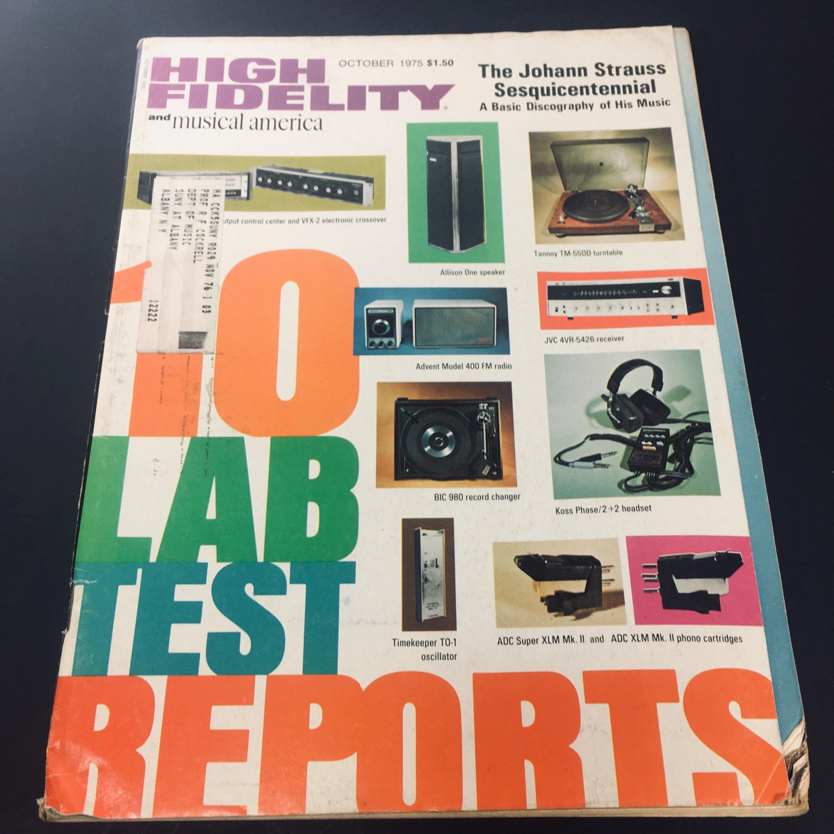 Cover of High Fidelity Magazine from October 1975 featuring The Johann Strauss Sesquicentennial, showcasing various audio equipment and a vibrant design.