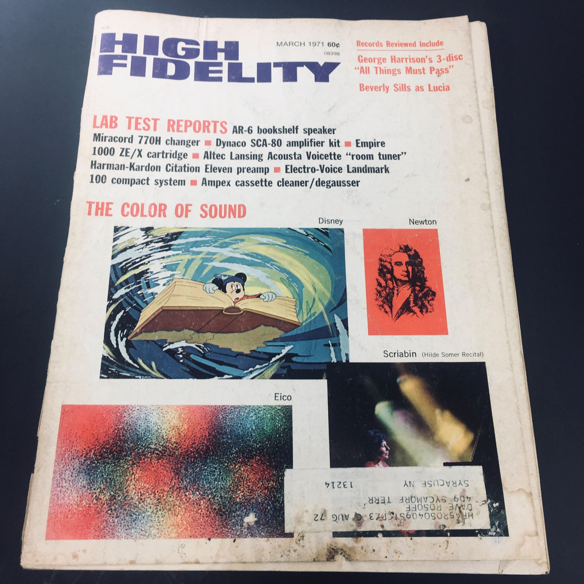 Cover of VTG High Fidelity Magazine from March 1971 featuring articles on George Harrison's 3-disc album 'All Things Must Pass' and Beverly Sills. The cover includes colorful graphics related to sound, including illustrations titled 'The Color of Sound', with references to Disney and historical figures.