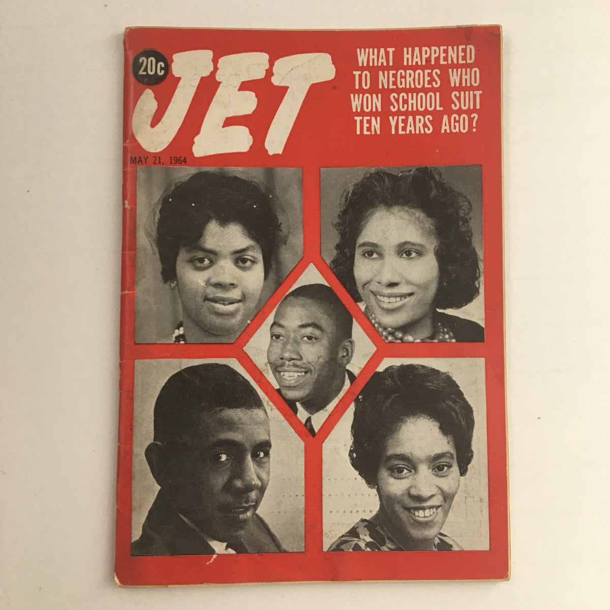 Cover of Jet Magazine dated May 21, 1964, featuring the question, 'What happened to Negroes who won school suit ten years ago?' with a collage of five prominent African American figures.