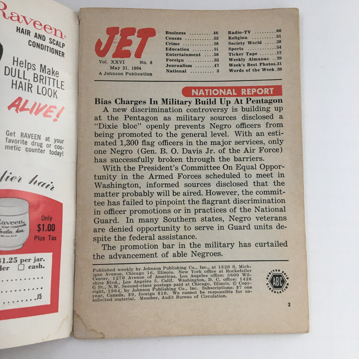 Inside page of Jet Magazine from May 21, 1964, displaying an article about racial bias in the military, highlighting General B.O. Davis Jr. of the Air Force and the discrimination faced by Negro officers.