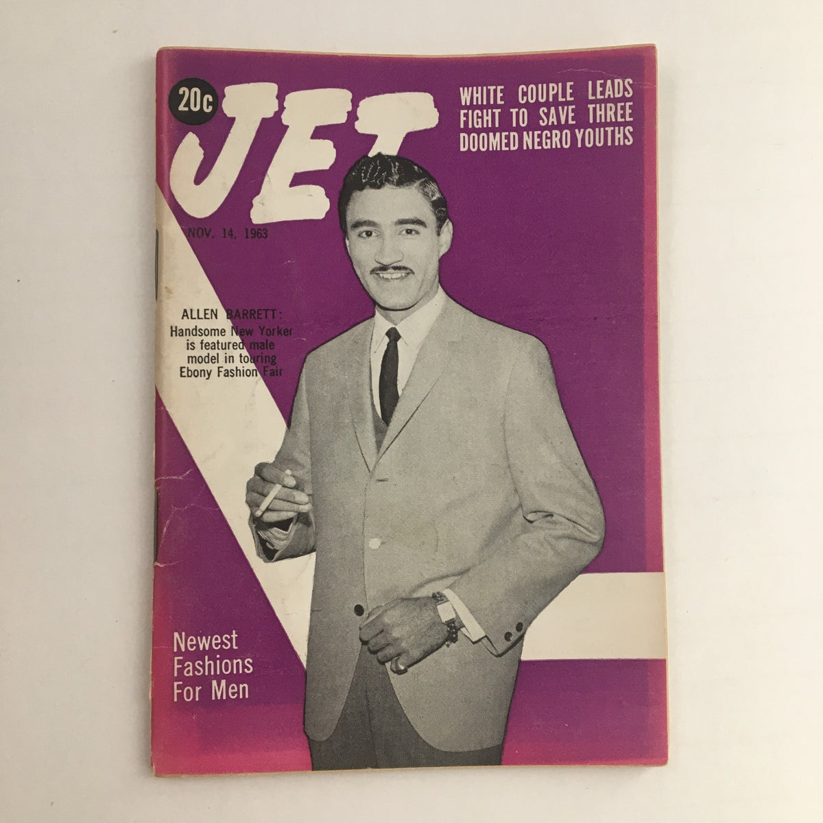 Jet Magazine cover from November 14, 1963 featuring New Yorker male model Allen Barrett dressed in a formal suit, showcasing the vibrant design and typography of the era.