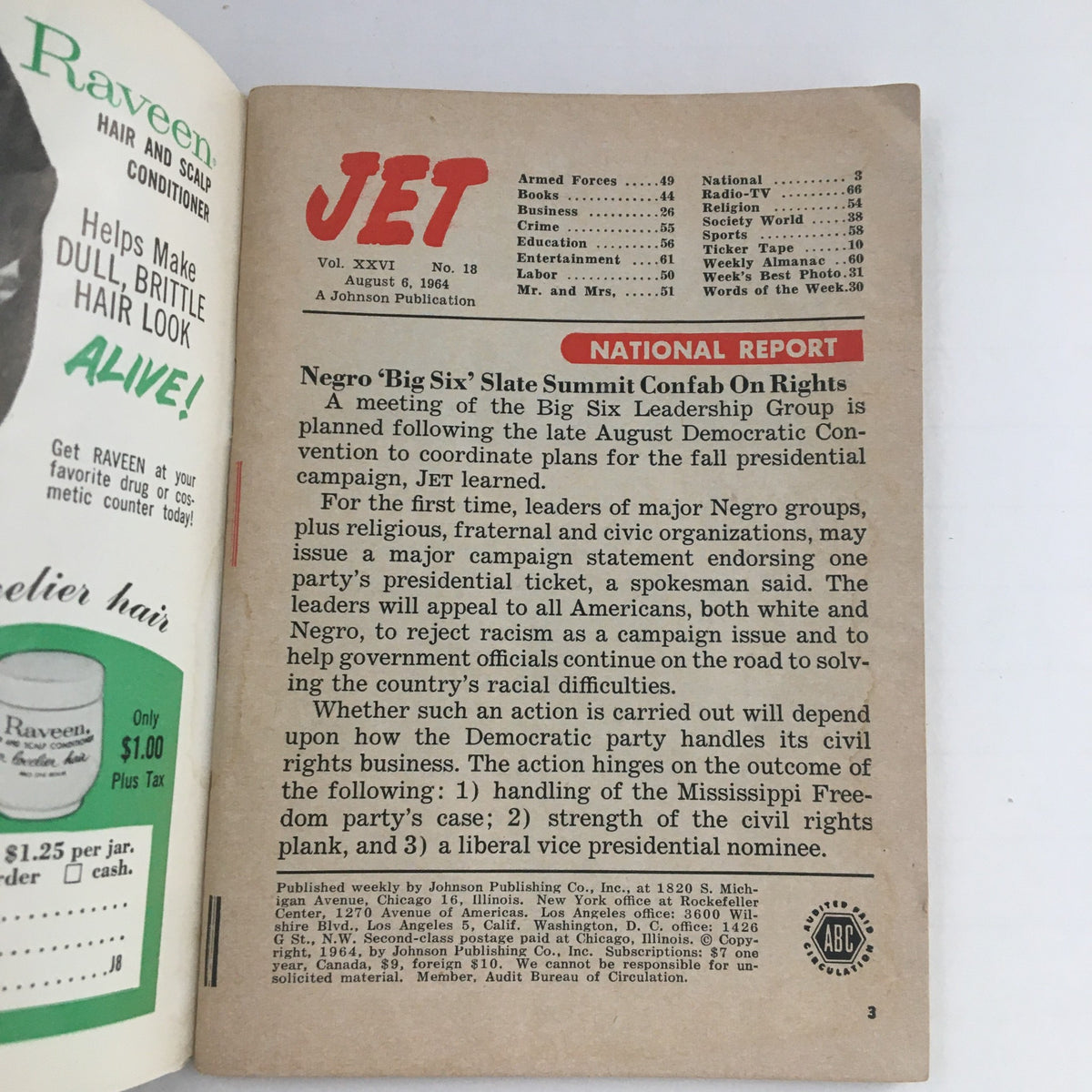 Inside page of Jet Magazine August 6, 1964, showcasing articles and content relevant to African American achievements and the cultural context of the era.