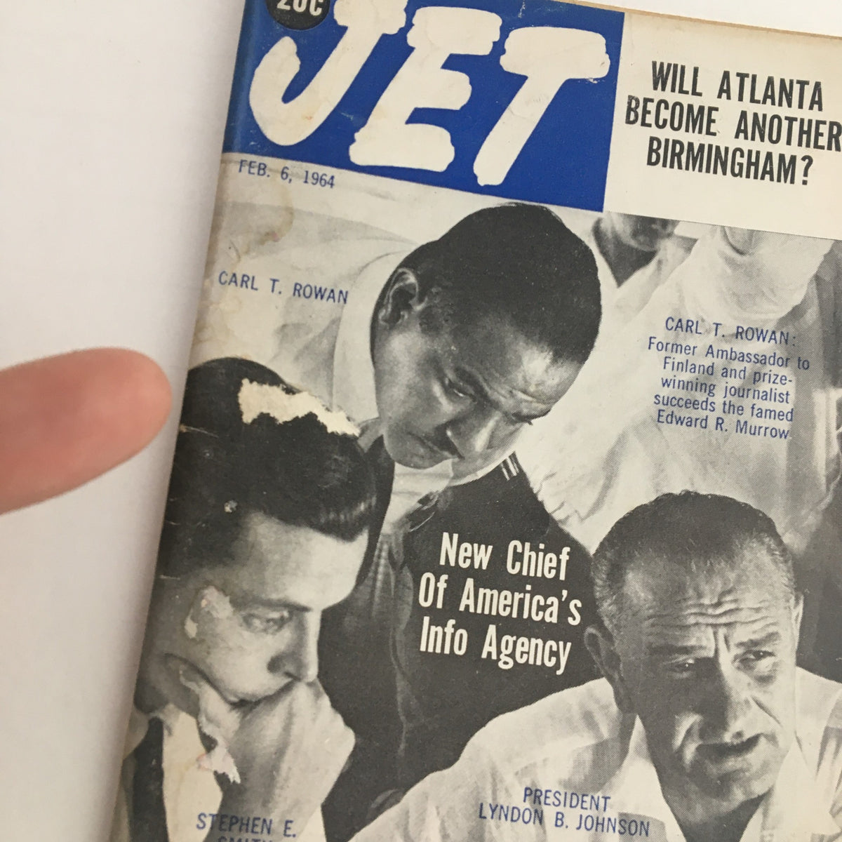 Cover of Jet Magazine February 6, 1964, featuring Lyndon B. Johnson and Carl T. Rowan, highlighting themes of civil rights and historical events.