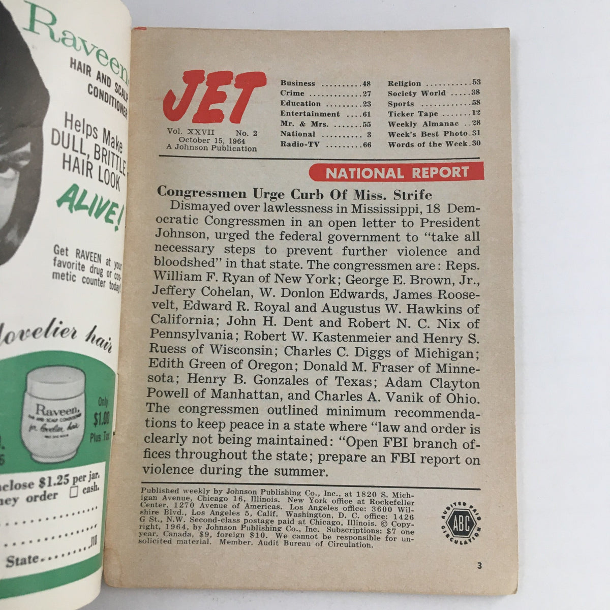 Inside page of Jet Magazine October 15, 1964 displaying articles and advertisements related to contemporary issues and lifestyle, part of an iconic vintage publication.
