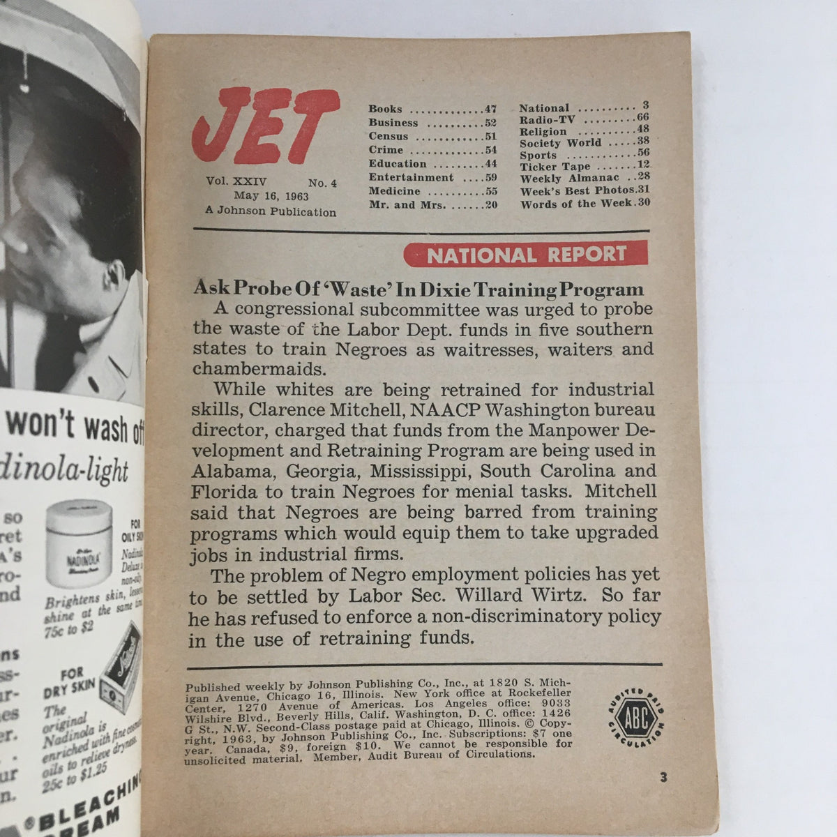 Interior page of Jet Magazine from May 16, 1963, featuring a National Report on training programs for African Americans, part of the issue highlighting dynamic Urban League Leader Whitney Young.