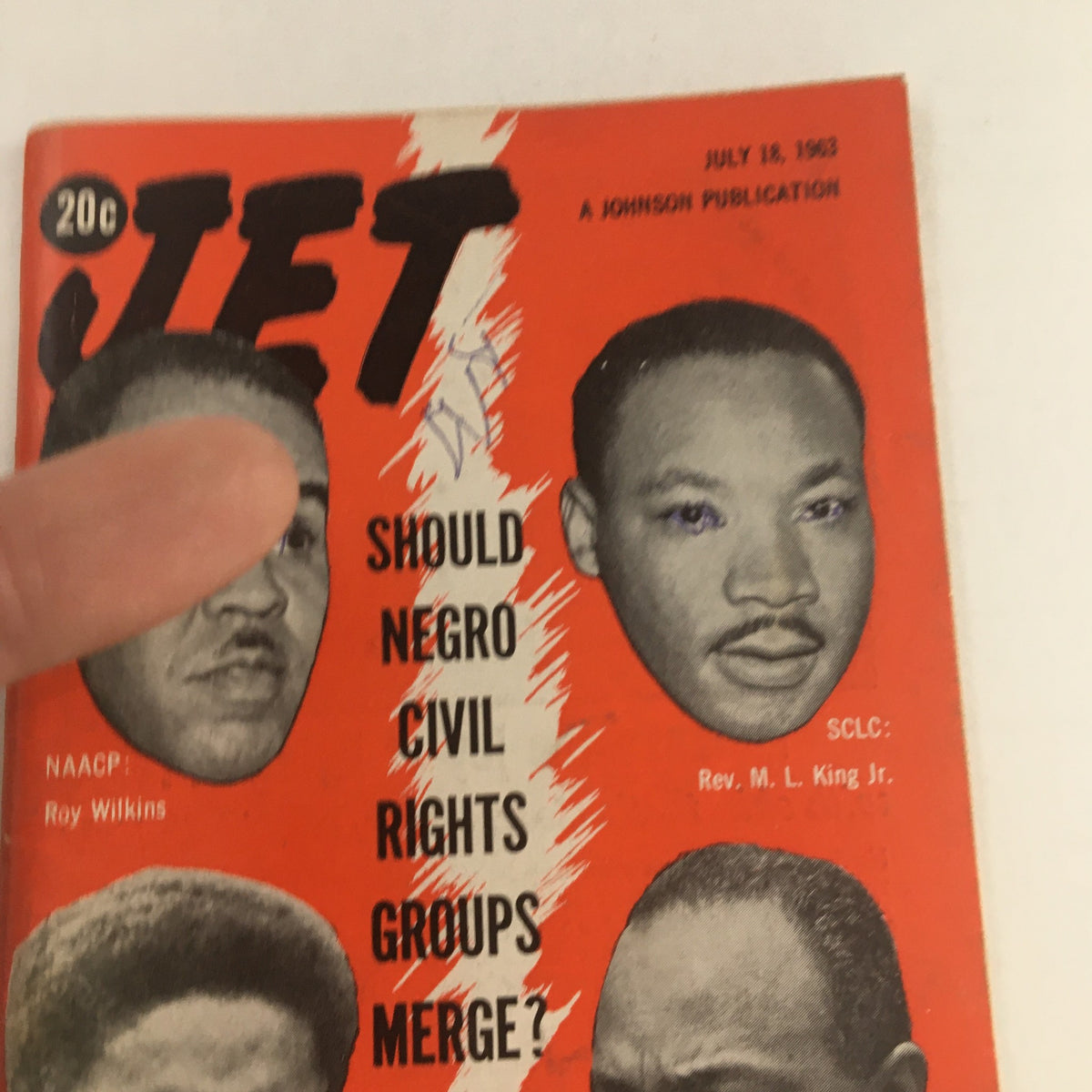 Jet Magazine July 18, 1963 cover featuring civil rights leaders Roy Wilkins and Martin Luther King Jr., exploring the question of whether civil rights groups should merge.