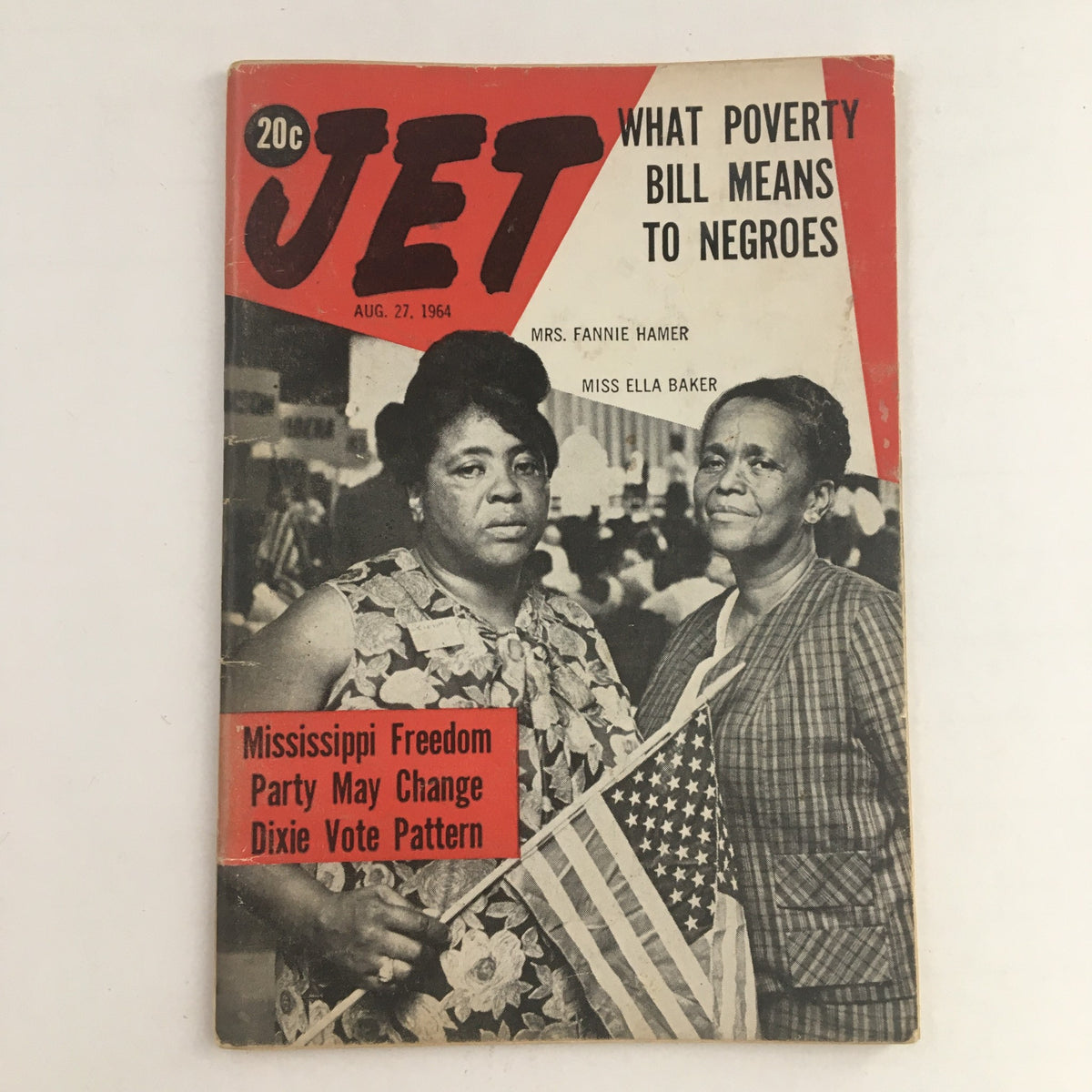 Jet Magazine cover from August 27, 1964 featuring Mrs. Fannie Hamer and Miss Ella Baker, highlighting civil rights issues with the headline 'What Poverty Bill Means to Negroes'.