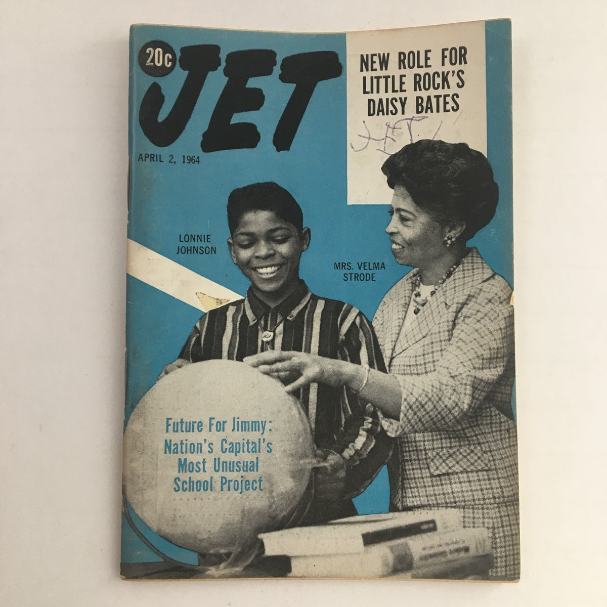 Cover of Jet Magazine April 2 1964 featuring Lonnie Johnson and Mrs. Velma Strode, showcasing a vibrant blue background and relevant headlines.