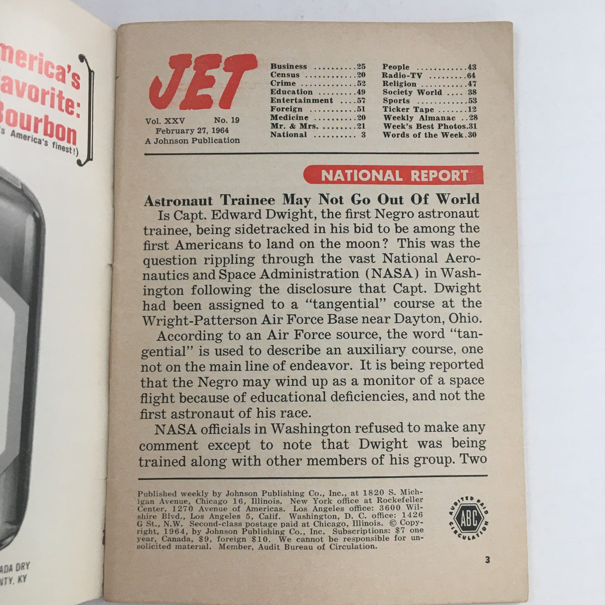 Inside page of Jet Magazine, February 27, 1964, showcasing articles and reports, including details on the first Negro astronaut trainee.