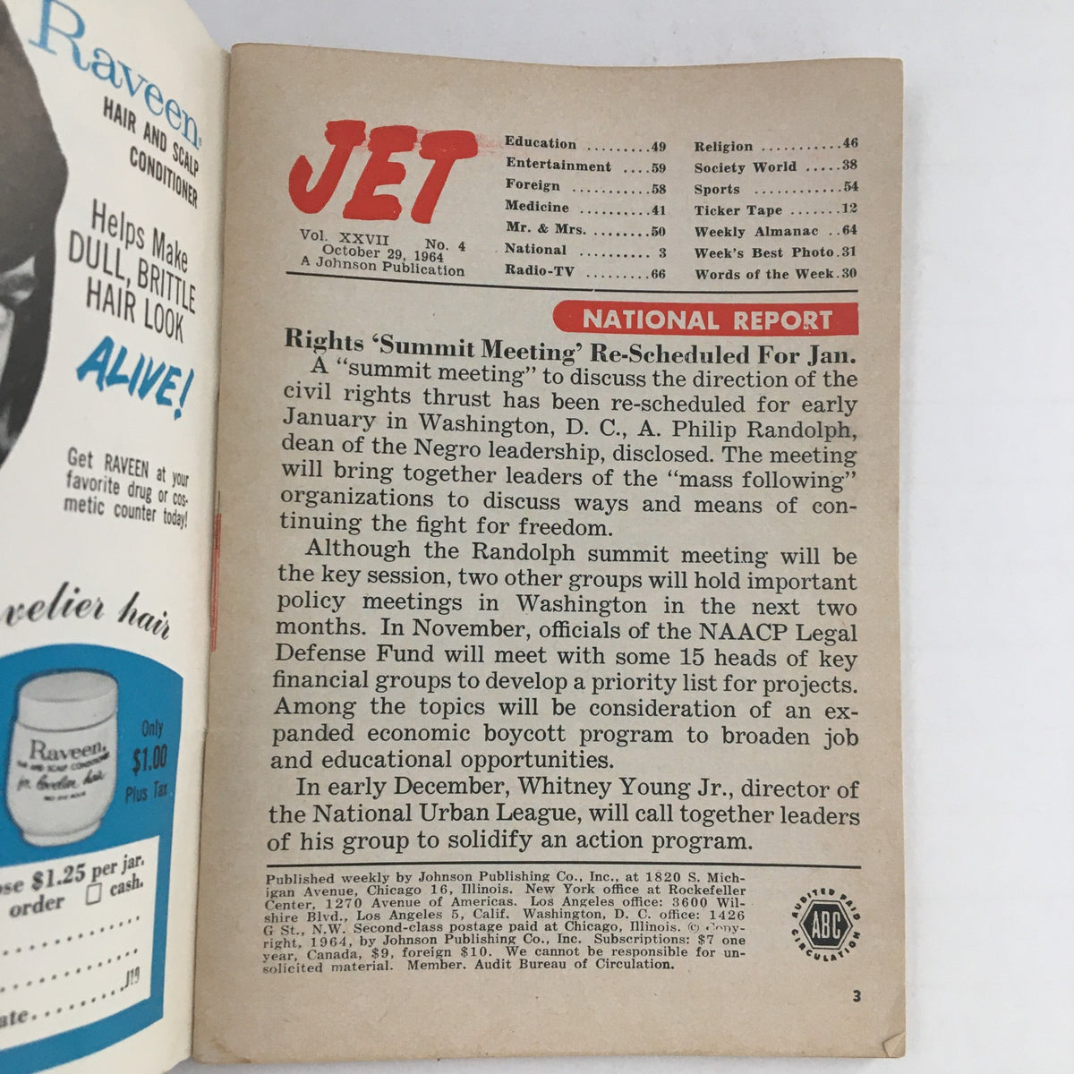 Interior page of Jet Magazine, October 29, 1964, featuring a National Report section discussing civil rights meetings, including a re-scheduled summit meeting in Washington D.C. on key topics related to freedom and economic opportunities.