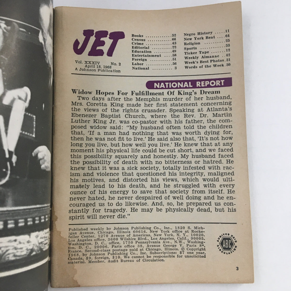 Interior page from Jet Magazine April 18 1968 containing National Report section discussing the hopes for fulfillment of The Rev. Dr. Martin Luther King Jr.'s dream following his assassination.