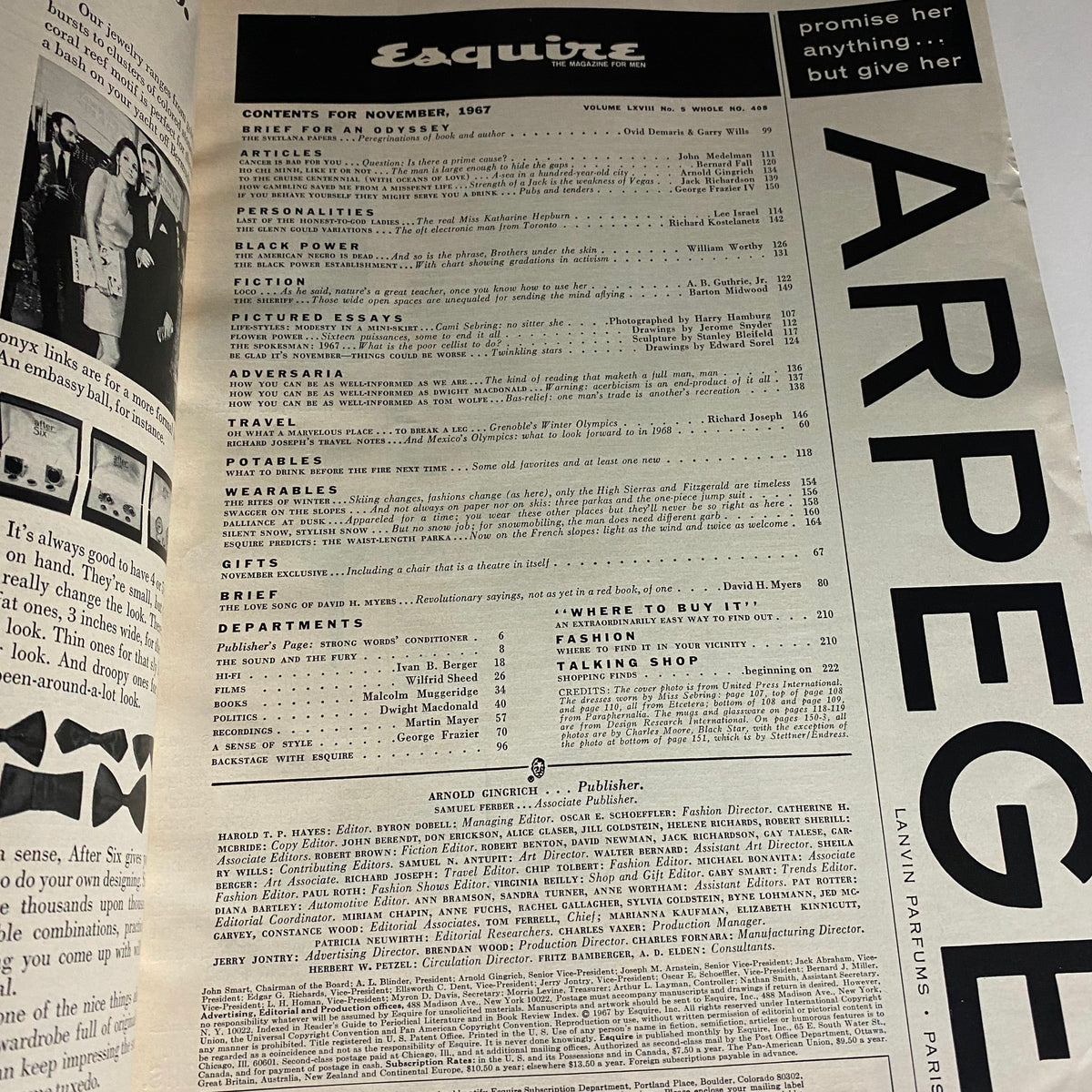 Contents page of VTG Esquire Magazine November 1967 No. 408, outlining articles and sections including 'The Svetlana Papers' and various features of the issue.