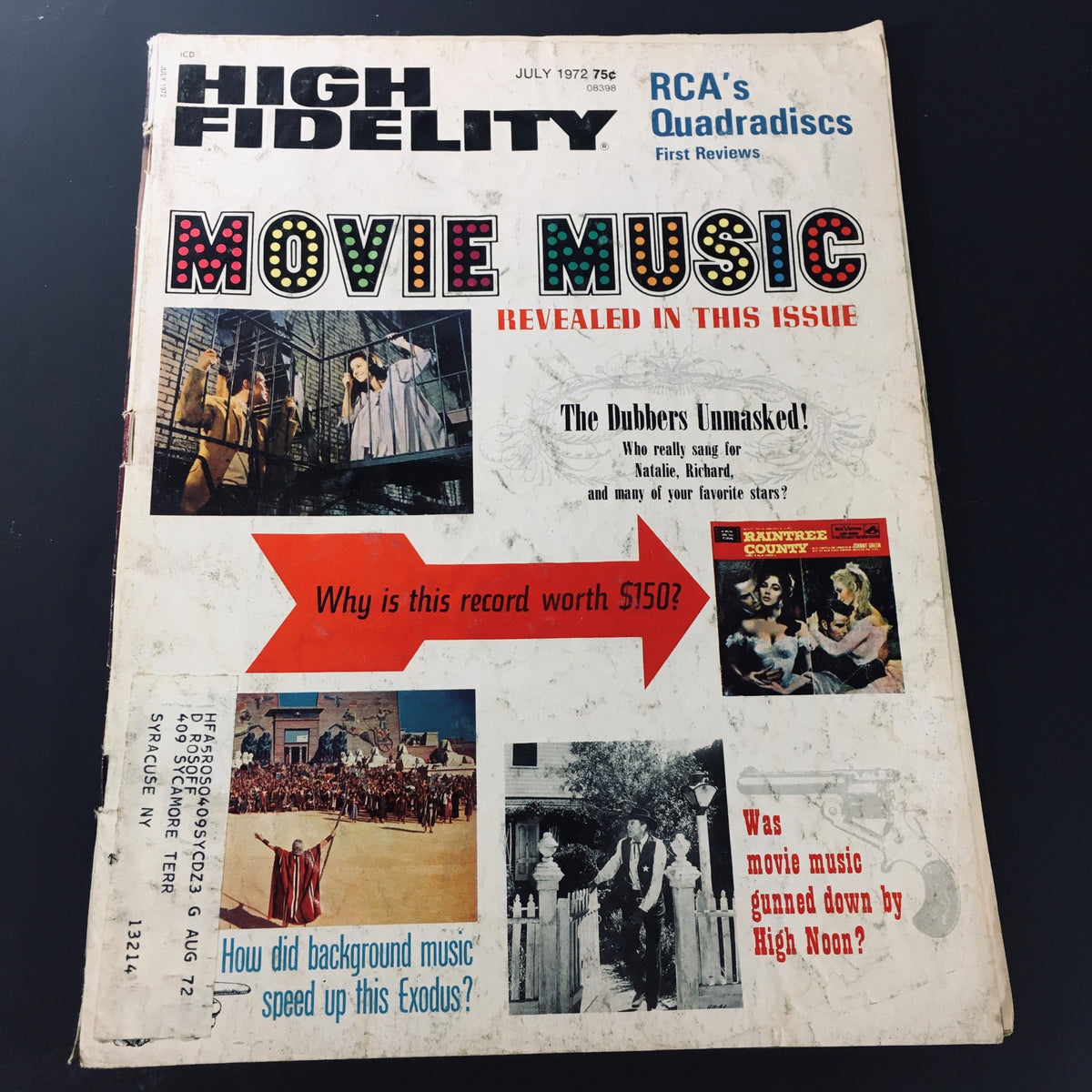 Cover of the VTG High Fidelity Magazine from July 1972 featuring articles on movie music, with highlights on 'Raintree County' starring Natalie Wood and Richard Burton. The magazine showcases vintage advertisements, colorful fonts, and intriguing headlines about film music of the era.