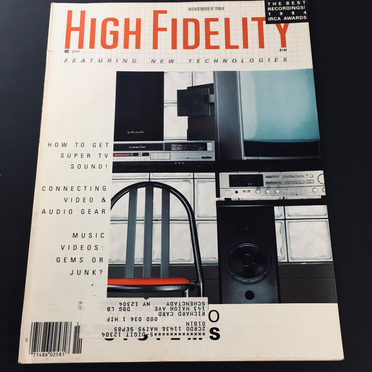 Cover of VTG High Fidelity Magazine November 1984 showcasing audio and video gear, featuring technology highlights and articles on connecting video and audio equipment.