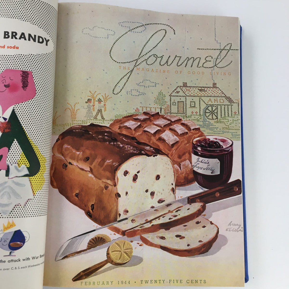 Cover illustration of Gourmet: The Magazine of Good Living, Vol 4, featuring fresh bread and jam from February 1944.