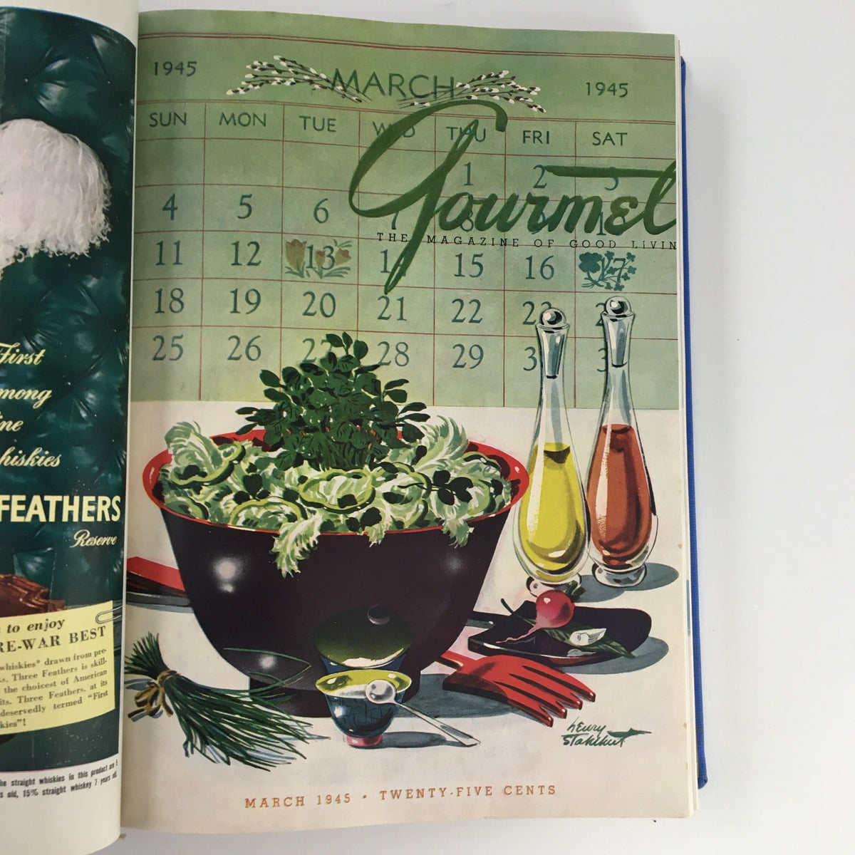 March 1945 issue of "Gourmet: The Magazine of Good Living," displaying a calendar and a color illustration of a salad preparation.