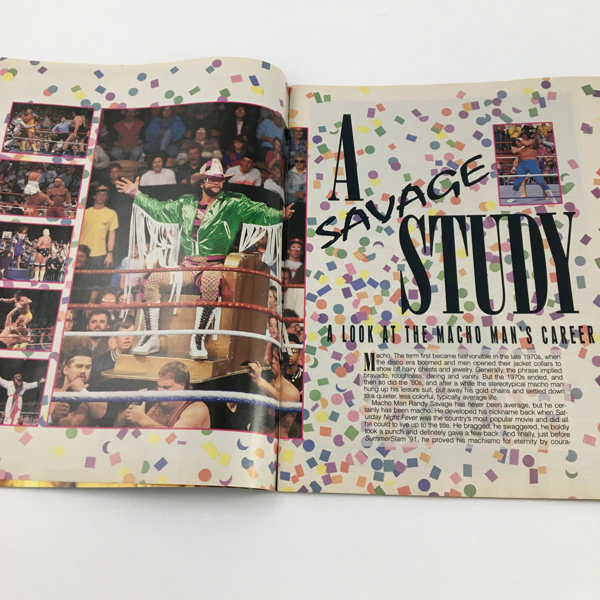 WWF Wrestling Spot Vol. 13 1991 image featuring Macho Man Randy Savage highlighting his career with vibrant confetti and a colorful layout.