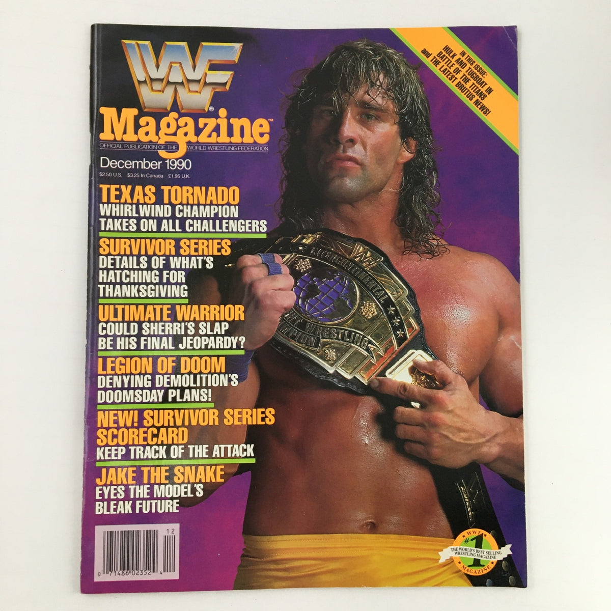 WWF Magazine December 1990 cover featuring wrestling champion with a title belt, highlights Jake The Snake, Hulk Hogan, and Ted DiBiase.