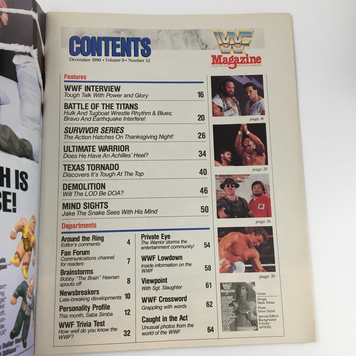 Contents page of WWF Magazine December 1990, listing articles featuring wrestling topics and famous superstars.