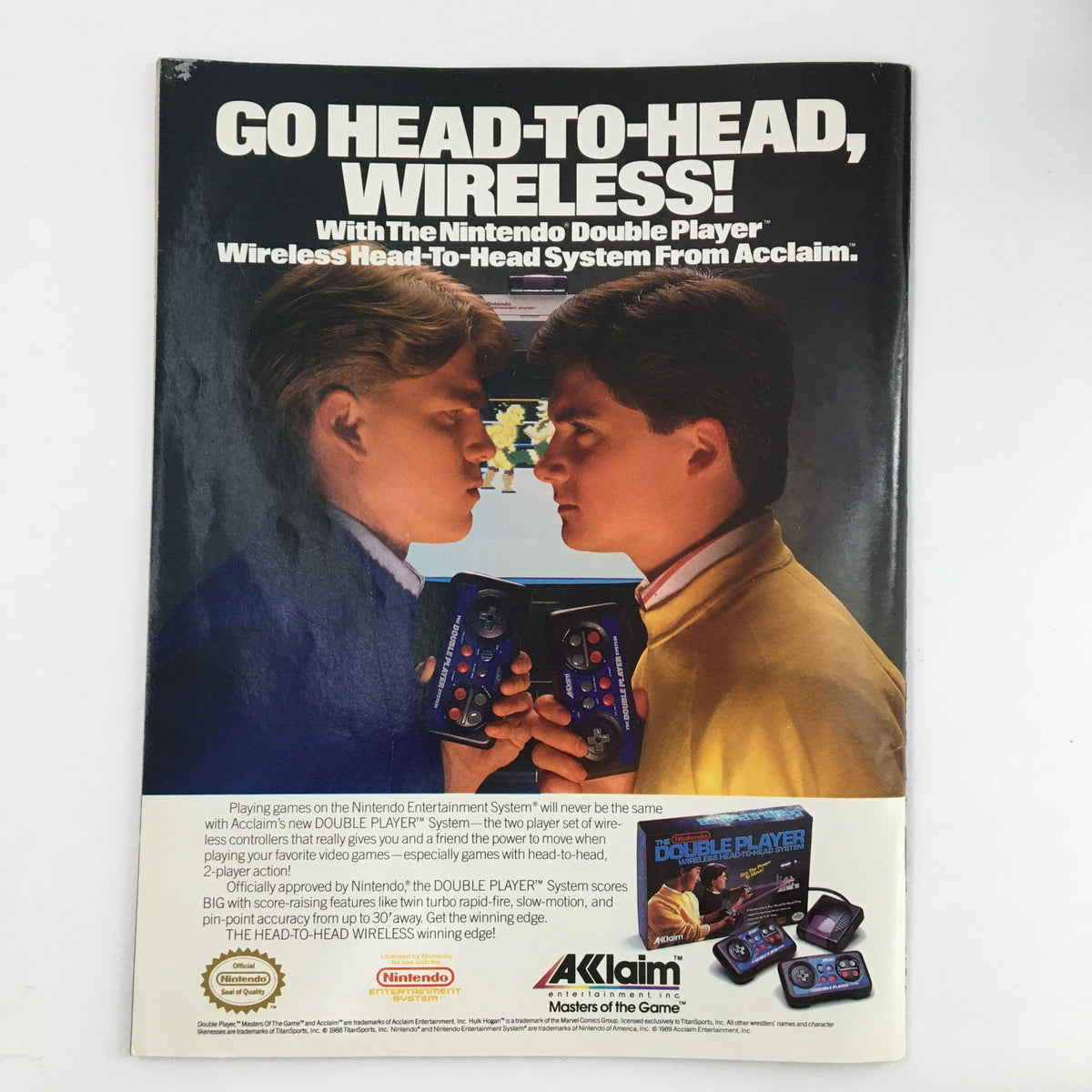 WWF Magazine December 1990 advertisement for the Nintendo Double Player, highlighting two boys with wireless controllers showcasing multiplayer gaming.