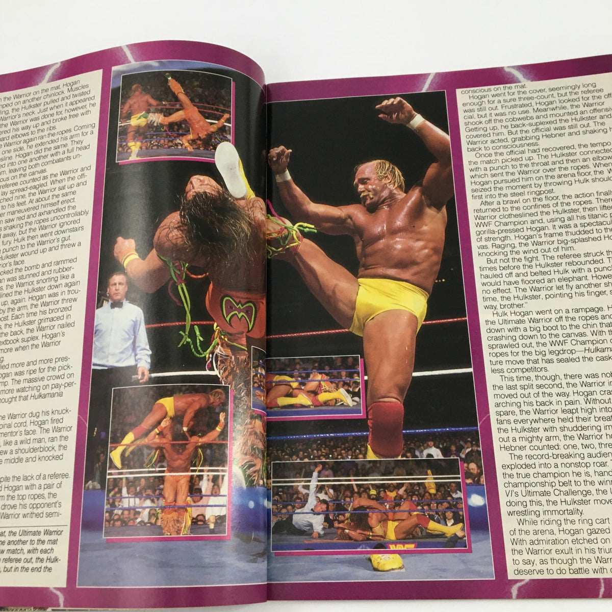 Inside spread of WWF Magazine June 1990 showing a wrestling match between Hulk Hogan and Ultimate Warrior, capturing iconic moments.