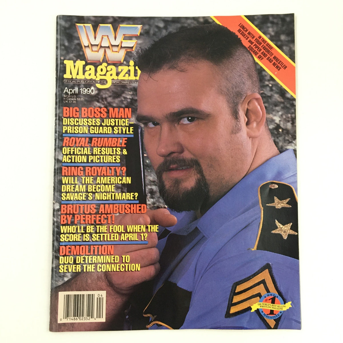 WWF Magazine April 1990 featuring Big Boss Man on the cover, discussing topics like Royal Rumble and wrestling match insights; a must-have collectible for wrestling fans.