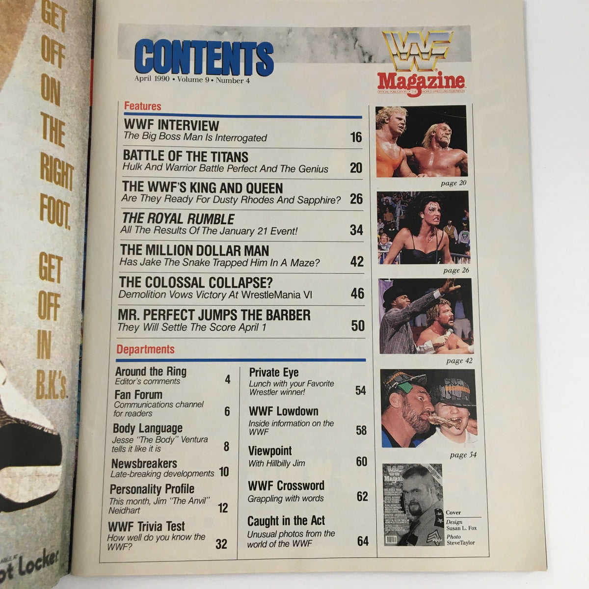 WWF Magazine April 1990 table of contents featuring articles on Big Boss Man, Hulk Hogan, The Genius, and WrestleMania VI, showcasing wrestling history.