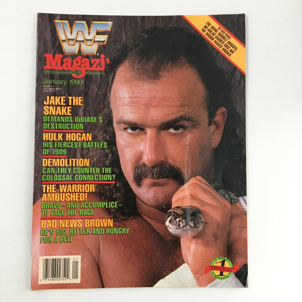 WWF Magazine January 1990 featuring Jake The Snake Roberts on the cover, along with Hulk Hogan and Demolition. Highlighting key wrestling moments and personalities.