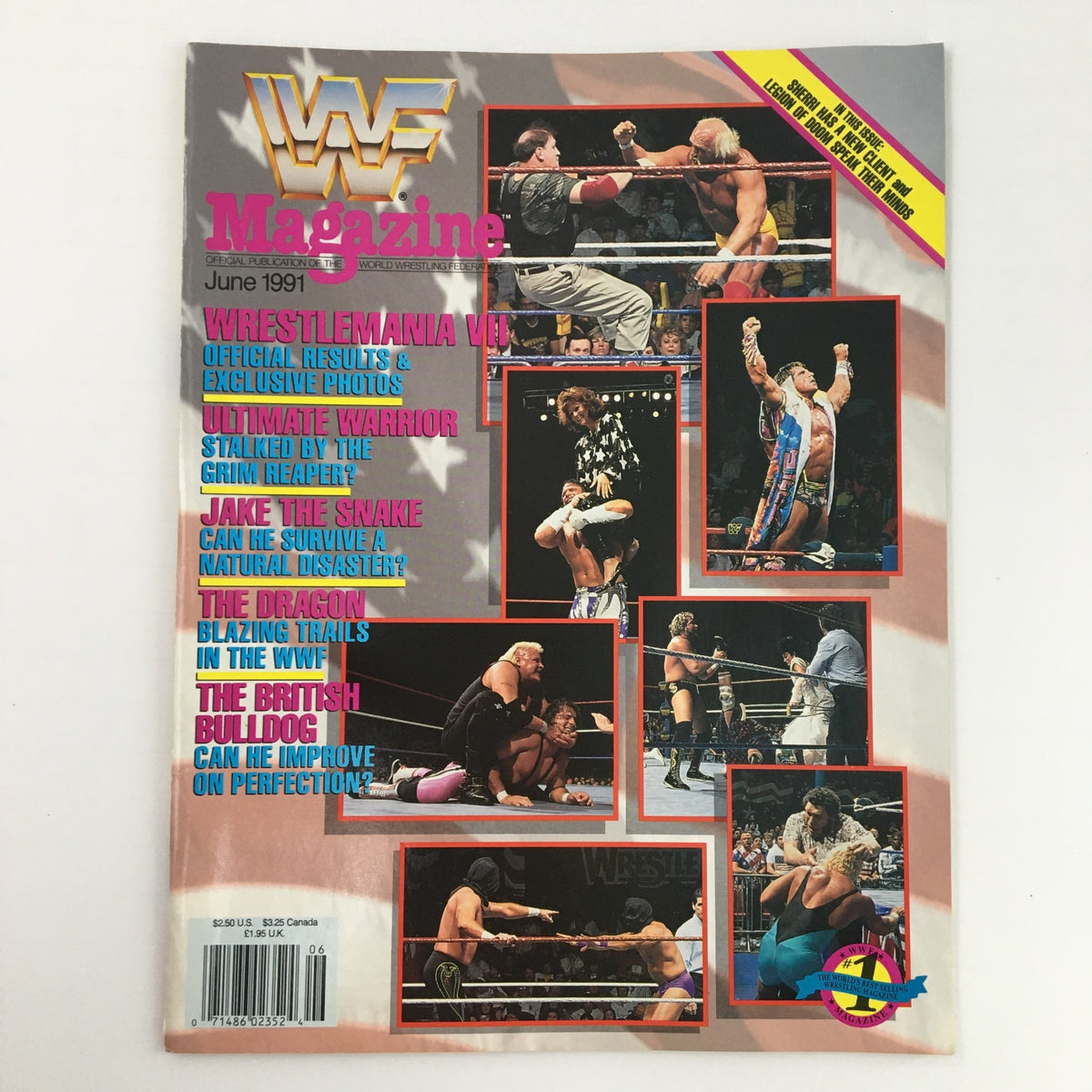 WWF Magazine June 1991 featuring Hulk Hogan, The Dragon & Jake The Snake on the cover, showcasing wrestling highlights and iconic photos from the era.