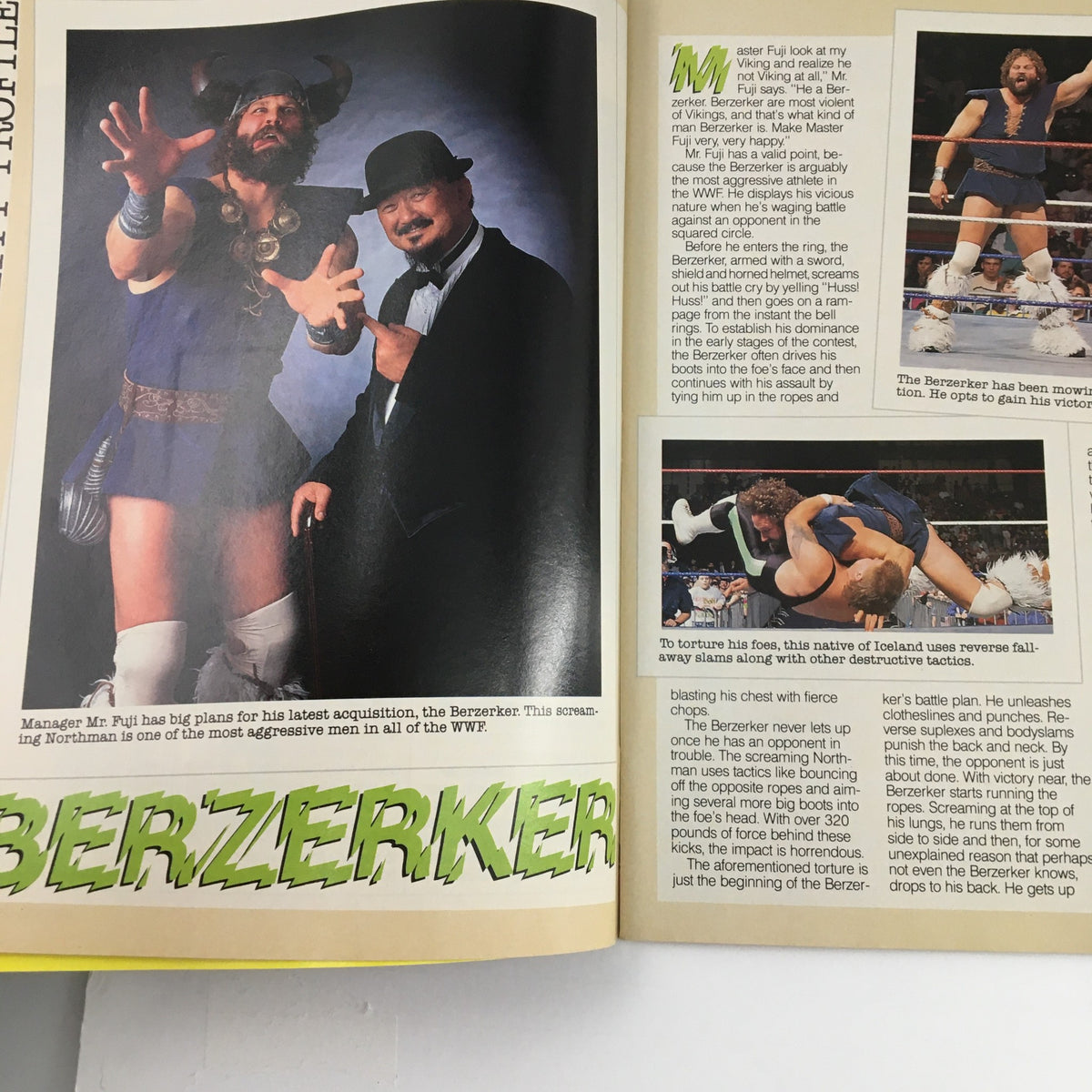 Page from WWF Magazine June 1991 featuring the Berzerker with manager Mr. Fuji, highlighting wrestling tactics and match highlights.