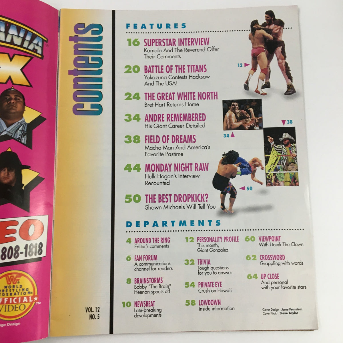 Inside page of WWF Magazine May 1993 showing the table of contents with featured articles on wrestlers like Kamala and Bret Hart.