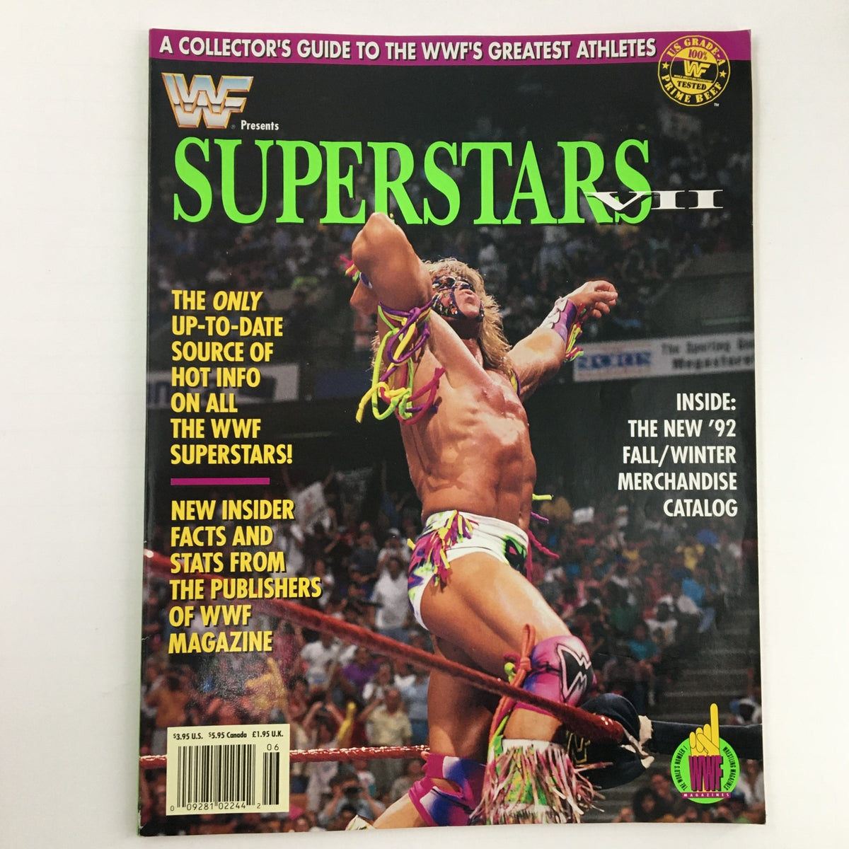 WWF Superstars VII Magazine 1992 cover featuring colorful action shot of professional wrestler with the title 'SUPERSTARS VII' and promotional text about wrestling information.