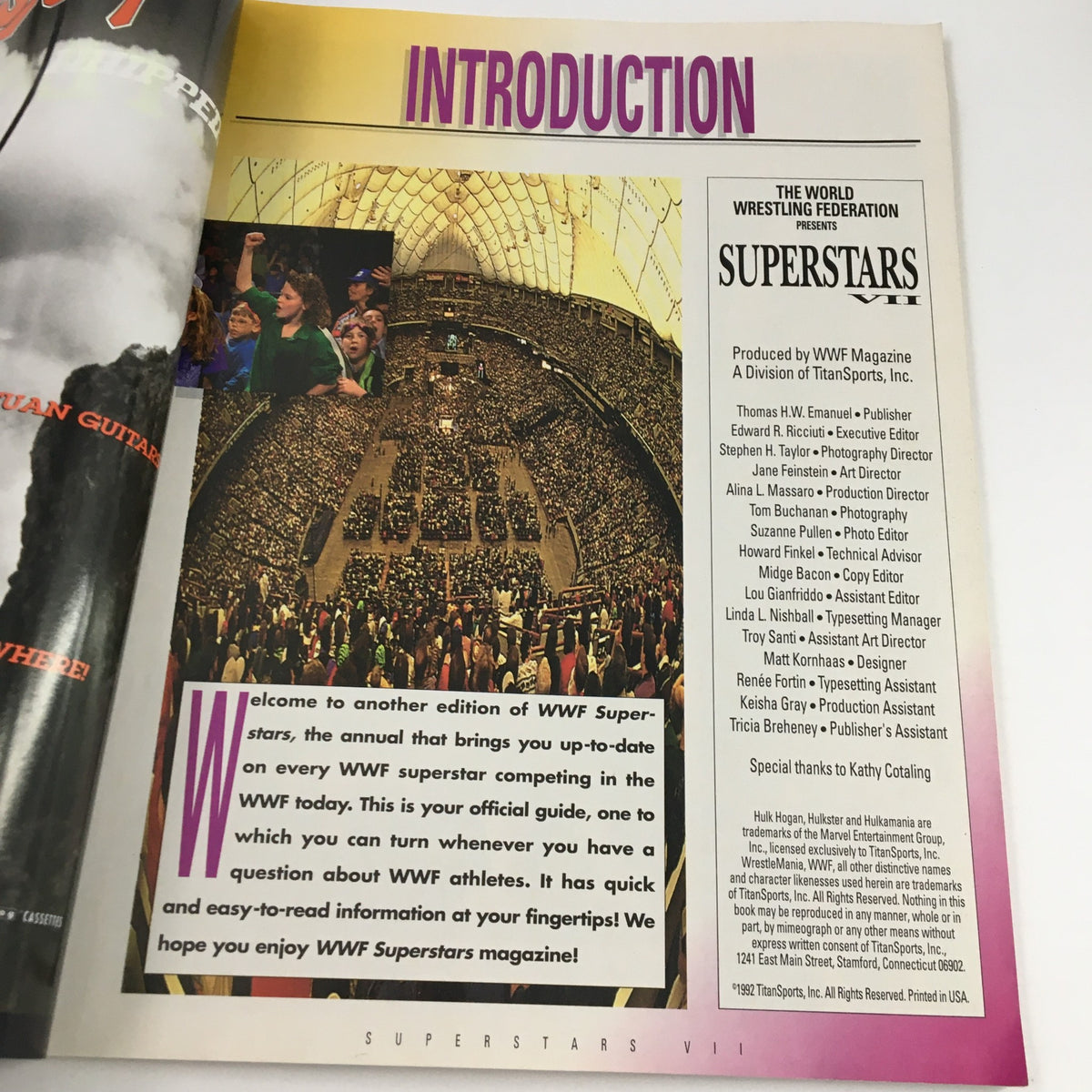 Interior page from WWF Superstars VII Magazine 1992 showcasing the introduction with crowd imagery and publication details, emphasizing updates on WWF superstars.