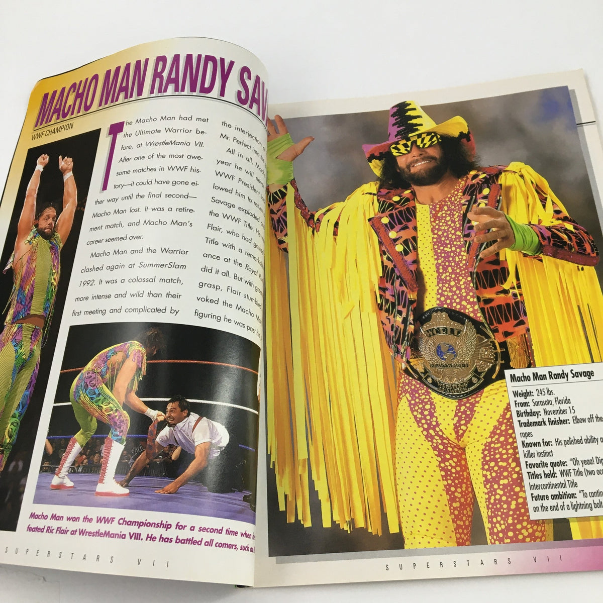 WWF Superstars VII Magazine 1992 image featuring Macho Man Randy Savage displaying his colorful wrestling attire and championship belt while in action.