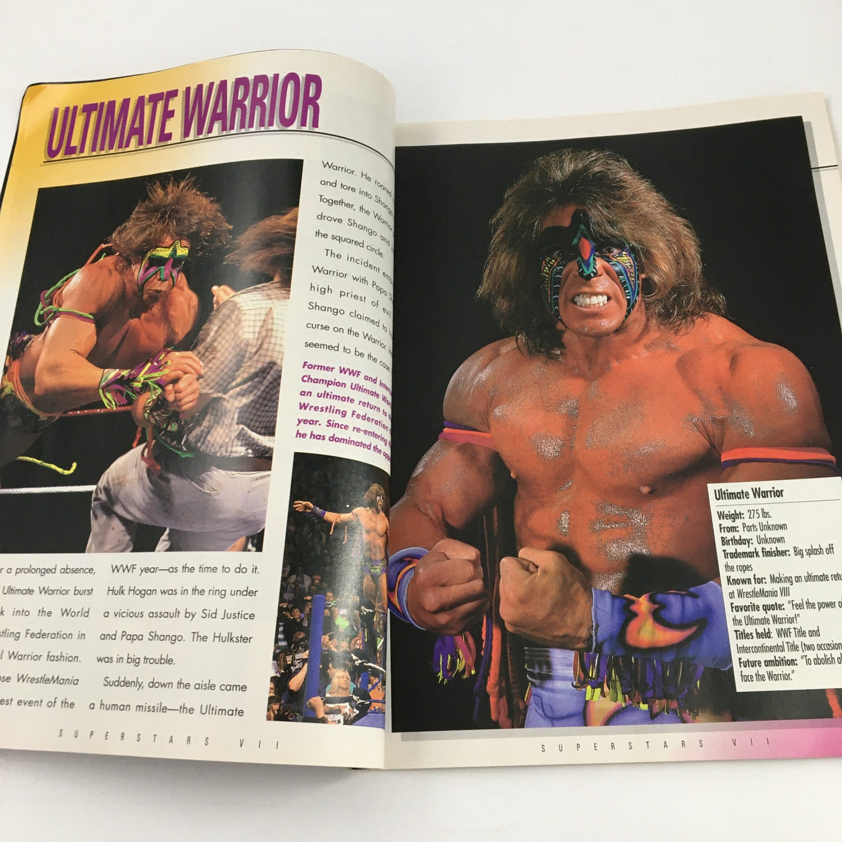WWF Superstars VII Magazine 1992 image featuring the Ultimate Warrior in his iconic face paint and attire, showcasing his powerful presence in the ring.