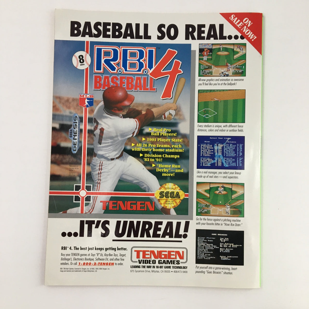 WWF Superstars VII Magazine 1992 promoting the video game RBI Baseball 4 with a vibrant advertisement highlighting real pro players and features of the game.