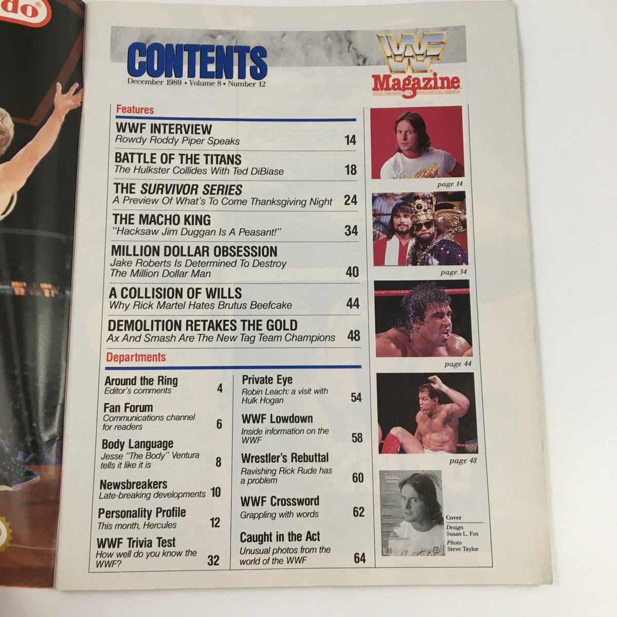 WWF Magazine December 1989 featured contents including WWF Interview with Rowdy Roddy Piper, Battle of the Titans, and Survivor Series listings. Part of the iconic WWF Magazine collection highlighting top wrestling events.