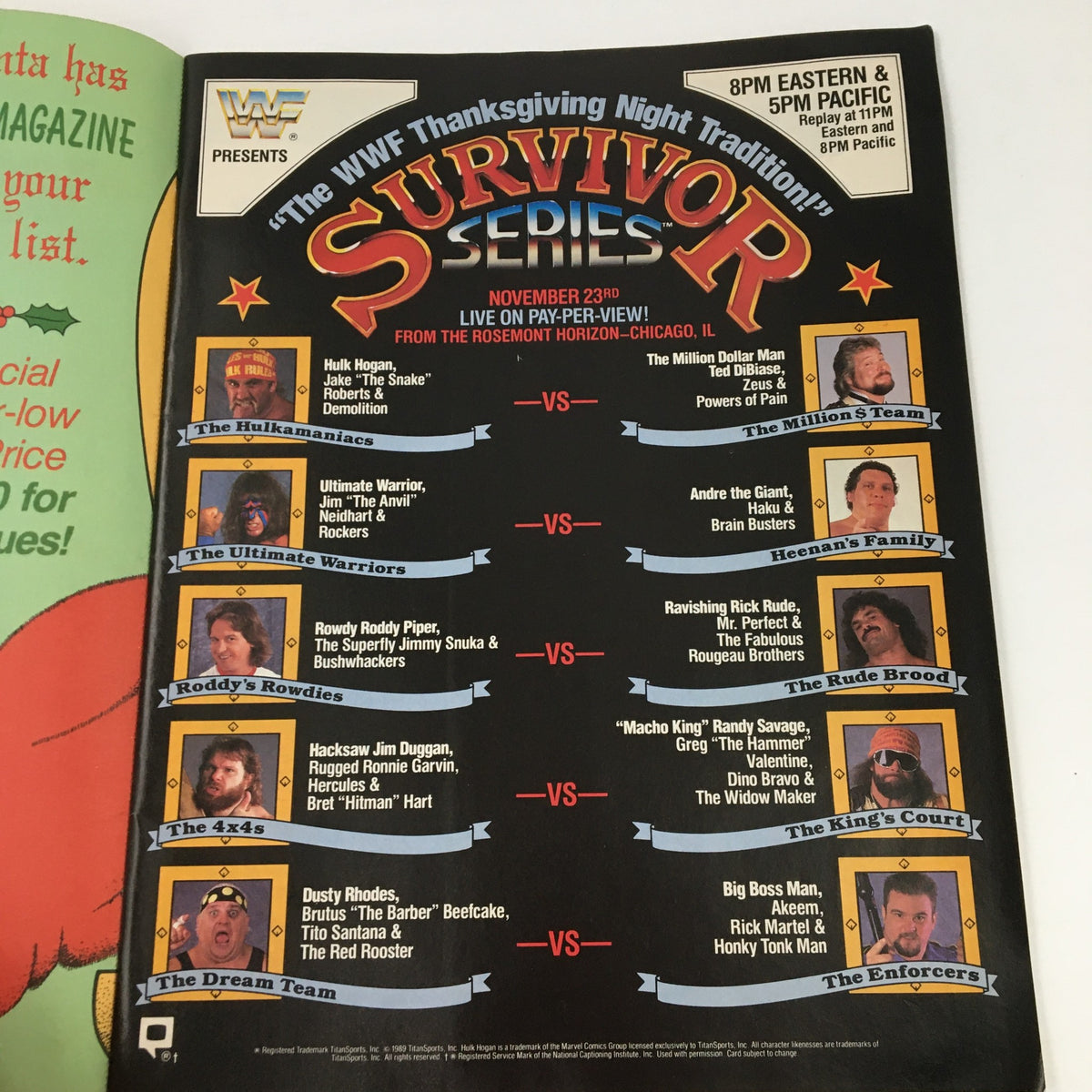 WWF Magazine December 1989 promotional page for the Thanksgiving Night Tradition, Survivor Series events featuring a lineup of wrestlers, embodying the excitement of WWF's key matchups.