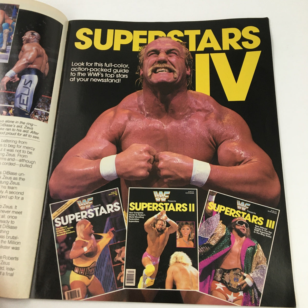 WWF Magazine December 1989 page highlighting Superstars IV, featuring popular wrestlers including Hulk Hogan, promoting additional WWF merchandise and capturing the wrestling spirit of the era.