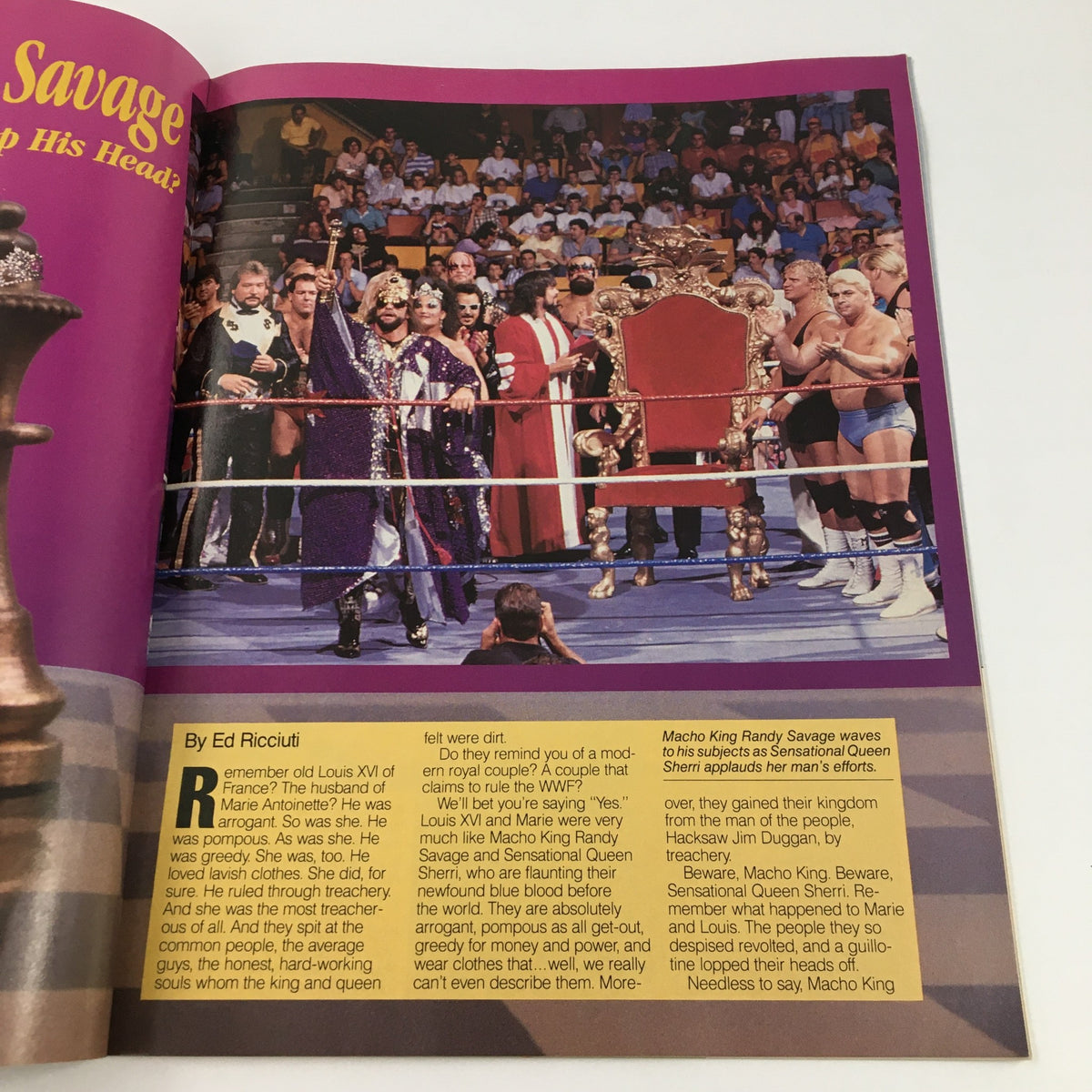 WWF Magazine December 1989 Rowdy Roddy Piper & Hulk Hogan Mania – inside image showcasing Macho King Randy Savage and Sensational Queen Sherri in a wrestling ring, depicting the vibrant wrestling culture of the late 80s.
