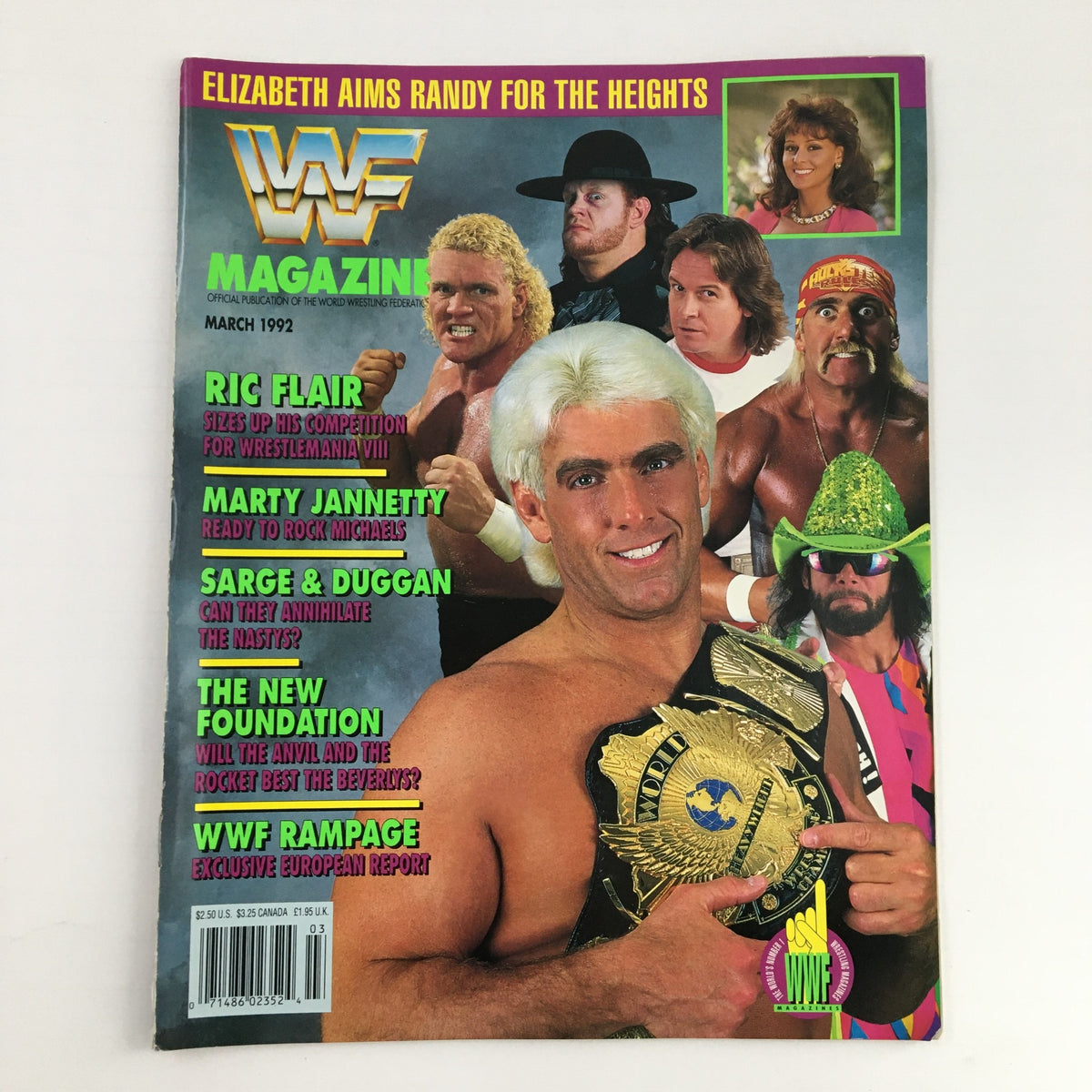 WWF Magazine March 1992 cover featuring Ric Flair, Marty Jannetty, and Sarge & Duggan, showcasing wrestling legends and article highlights from the issue.