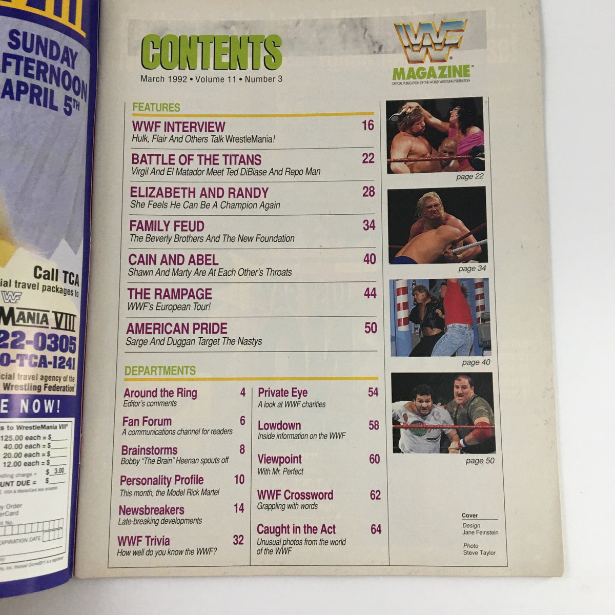 Contents page of WWF Magazine March 1992 listing features and articles including interviews, wrestling battles, and fan forum insights.