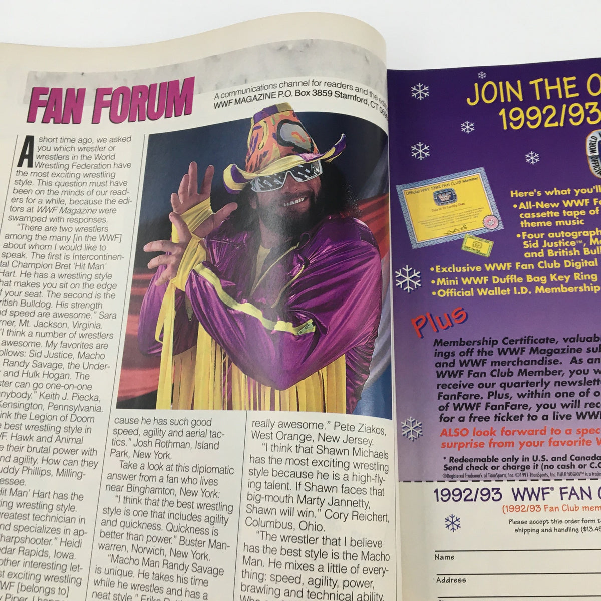 Fan Forum page from WWF Magazine March 1992 showcasing reader responses about favorite wrestlers and wrestling styles.