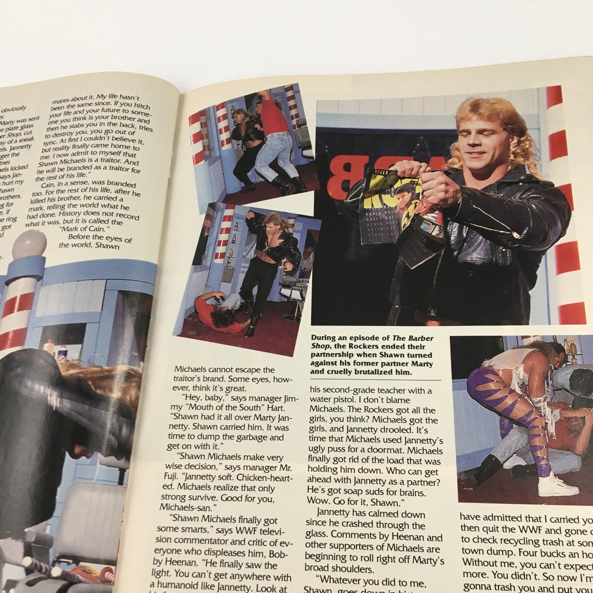 Dramatic scene from WWF Magazine March 1992, featuring Shawn Michaels and Marty Jannetty, depicting their split and the unfolding drama in wrestling.