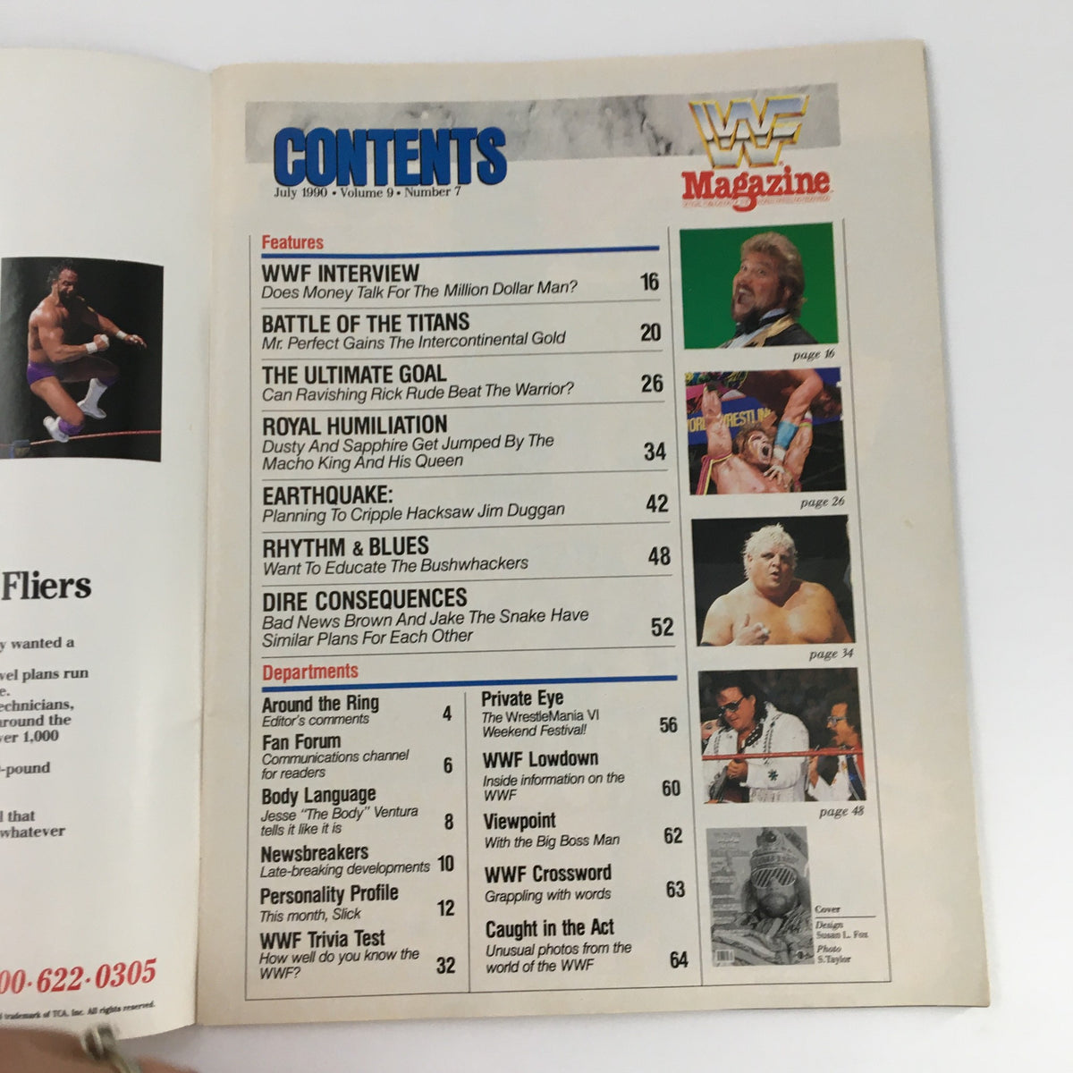 Contents page of WWF Magazine July 1990 listing features including WWF interview, Battle of the Titans, and Earthquake's impact on Hulk Hogan.